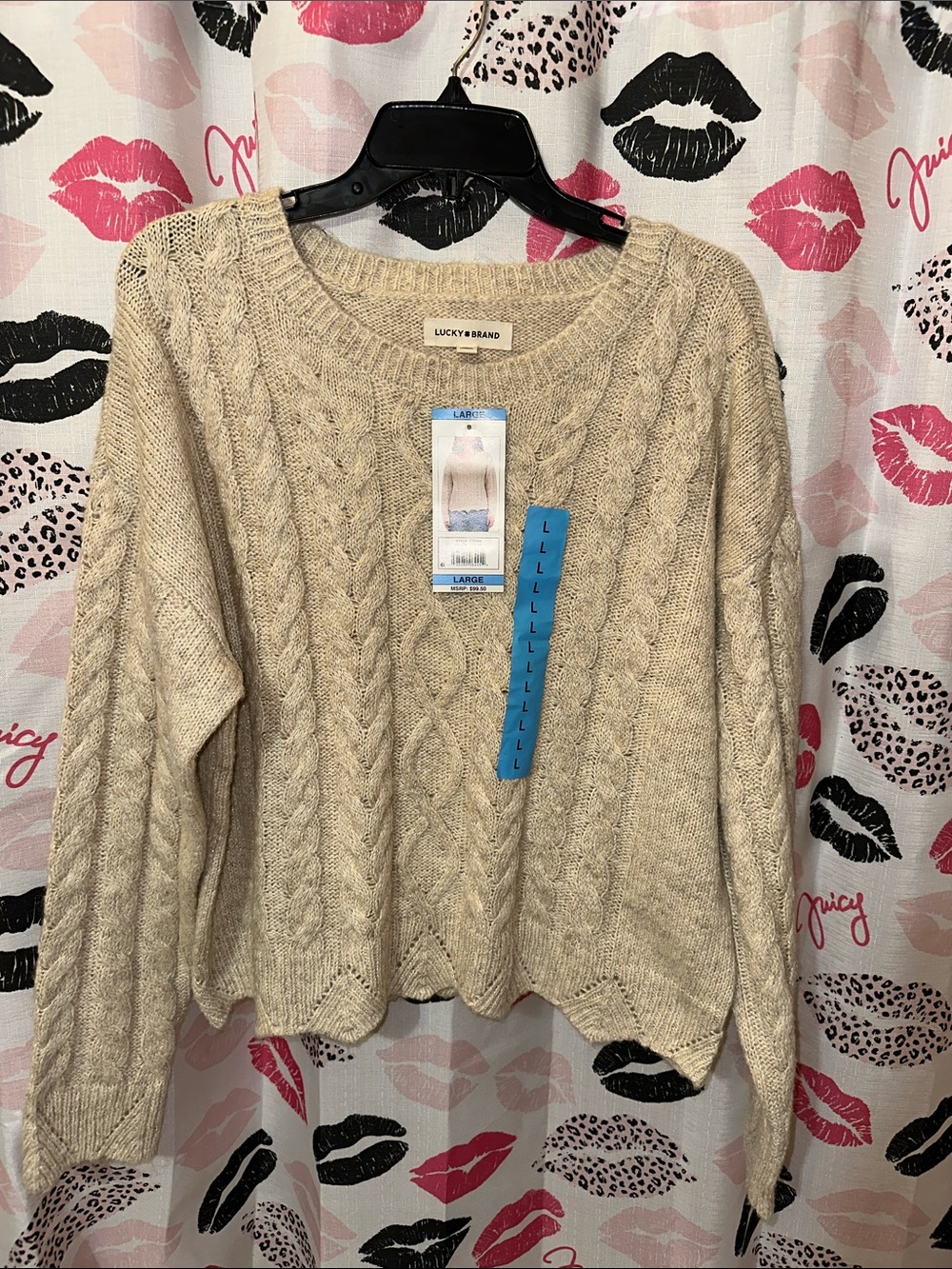 Lucky Brand Beige Cable Knit Crewneck Sweater